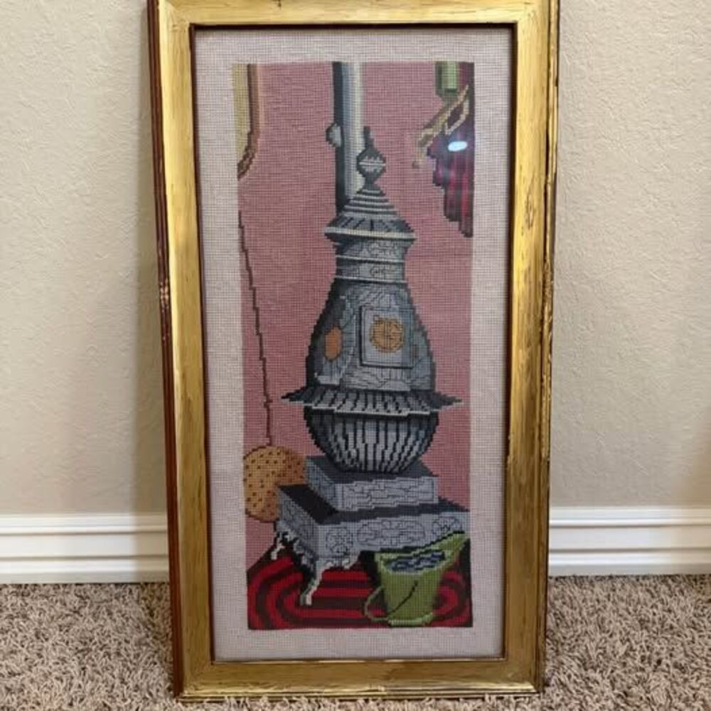 Vintage Hand-Stitched Needlepoint Art - Framed Potbelly Stove 13.5" x 25.5"
